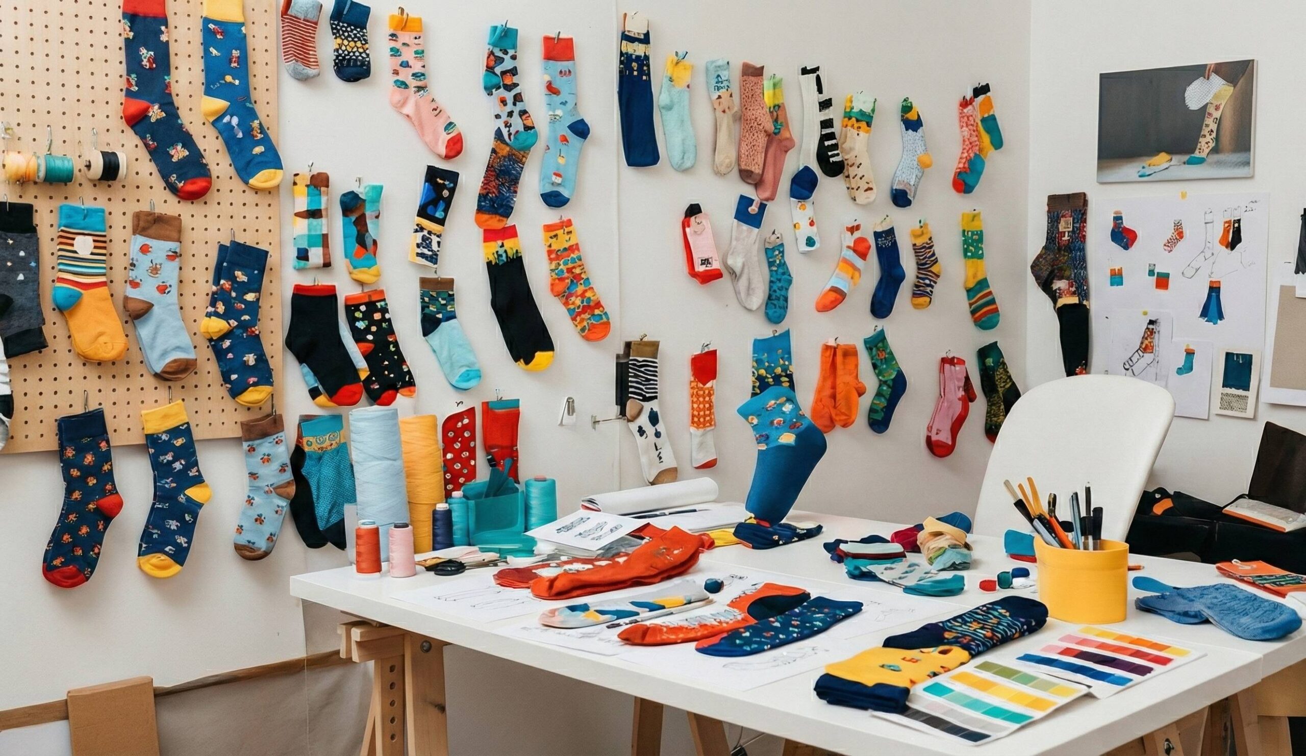 Colorful socks displayed on board