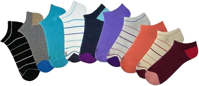 No Show Socks, 10 Pairs, Assorted Solids and Stripes